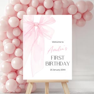 Pink Bow 1st Birthday Welcome Sign, Pink Coquette Bow Birthday Welcome Sign Template, Printable 1st Birthday Party Decor Instant Download