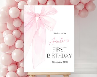 Rosa rosett för 1-årsdags välkomstskylt, mall för rosa kokett rosett för födelsedagsvälkomstskylt, utskrivbar 1-årsfestdekoration för direktnedladdning