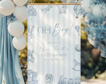 Toile de Jouy Baby Shower Welcome Sign, Blue Nursery Toys Theme, Editable Canva Template