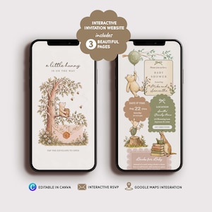 May include: Two smartphones displaying an interactive baby shower invitation website with Winnie the Pooh illustrations. The screens show text including a little hunny is on the way, date, time, location, and a prompt to tap the envelope to open.