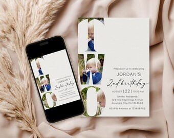Minimalist 2nd Birthday Photo Invitation: Gender Neutral Design (Digital Download)
