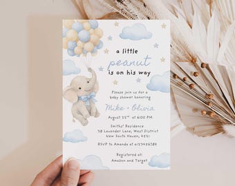A Little Peanut Baby Shower Invitation, Baby Elephant with Blue Balloons Boy Invite (Digital Download)