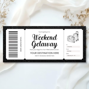 Editable Weekend Getaway Gift Voucher, Printable Weekend Away Surprise Trip Voucher, Black Coupon Ticket Birthday Anniversary Gift