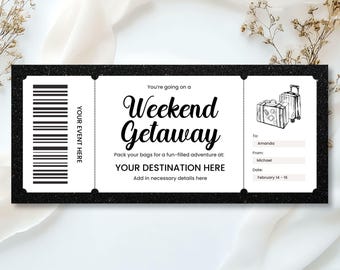 Editable Weekend Getaway Gift Voucher, Printable Weekend Away Surprise Trip Voucher, Black Coupon Ticket Birthday Anniversary Gift