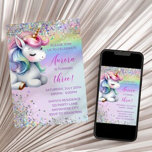 Editable Unicorn Birthday Invitation, Pastel Rainbow Glitter Party Invite, Sparkle Design, Girls Birthday Invite Template Instant Download