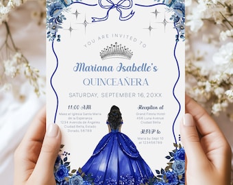 Royal Blue Quinceañera Invitation, Princess Mis Quince Años Invite, Silver Tiara Floral and Bow Design, Digital and Editable Invitation