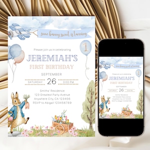 Invito di compleanno Peter Rabbit per ragazzo, invito di compleanno modificabile Some Bunny Is One, modello di invito per il primo compleanno di un ragazzo, download immediato