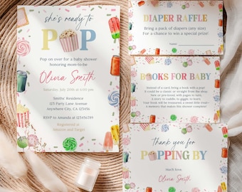 She's Ready to Pop Baby Shower Templates Set, Pop Theme Baby Shower Invite, Popcorn Lollipop Soda Treats Baby Shower Template, It's A Girl