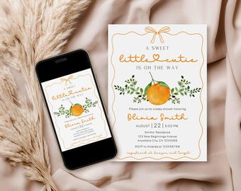 Könnte beinhalten: Babyparty-Einladung mit goldenem Rand und dem Text "A Sweet Little Cutie Is On The Way". Die Einladung zeigt eine Aquarell-Orange und grüne Blätter. Ein Smartphone zeigt die gleiche Einladung.
