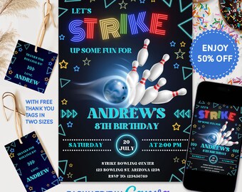 Op de afbeelding: Een digitale uitnodiging voor een bowling-thema verjaardagsfeestje. De uitnodiging heeft een neon-bord met de tekst "Let's Strike Up Some Fun For Andrew's 8th Birthday". De uitnodiging bevat ook een bowlingbal en kegels, en de tekst "Enjoy 50% Off".