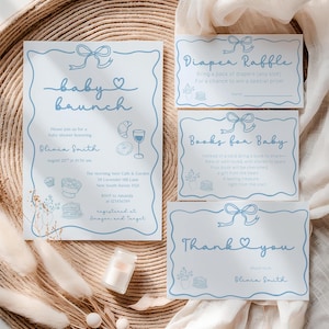 Blue Baby Brunch Baby Shower Bundle, Editable Blue Brunch Baby Shower Template Set, Hand Drawn Breakfast Pancake Morning Baby Shower Invite