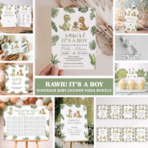 Può includere: Una collezione di decorazioni per baby shower a tema dinosauri. Include inviti, biglietti di ringraziamento, decorazioni per cupcake e un cartello con la scritta "Rawr! It's a Boy". La combinazione di colori è verde e bianco.