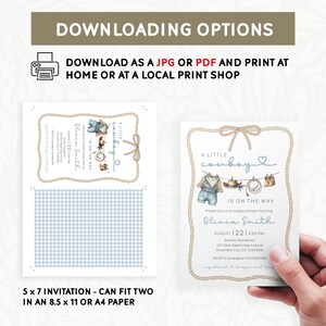 May include: Baby shower invitation with a cowboy theme. The invitation features a rope border and the text "A Little Cowboy Is On The Way." The design includes illustrations of cowboy attire and a blue gingham pattern.