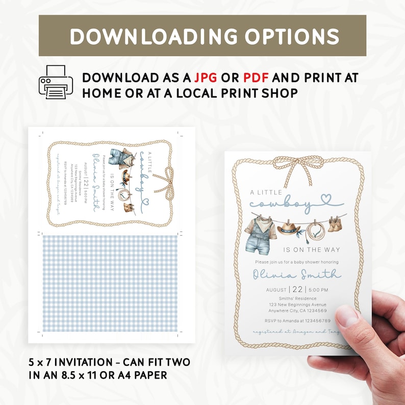 May include: Baby shower invitation with a cowboy theme. The invitation features a rope border and the text "A Little Cowboy Is On The Way." The design includes illustrations of cowboy attire and a blue gingham pattern.