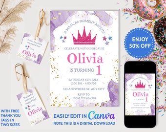 Princess Birthday Invitation Template, Girl Party (Digital Download)