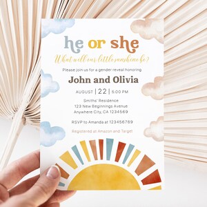 May include: A gender reveal invitation with the text "he or she" and "What will our little sunshine be?" The invitation includes the names John and Olivia, event details, and a colorful sun illustration with clouds.