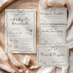 Pode incluir: Conjunto de papelaria para chá de bebé com um design verde e branco. O convite diz "baby baunch" e inclui detalhes do evento. Os cartões incluem "Diaper Raffle", "Books for Baby" e uma mensagem de "Thank you".