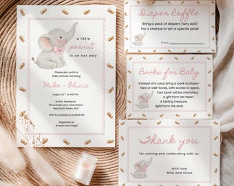 Inbjudningspaket till babyshower med rosa elefant, mallset för liten jordnötsfest, inbjudan till flicka med elefantbebis med rosa rosett (digital nedladdning)