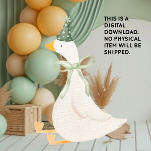 May include: A white goose wearing a green and white polka dot party hat with a green bow around its neck. The goose is sitting on a white wooden surface with a brown wooden crate and green and yellow balloons in the background. The text "THIS IS A DIGITAL DOWNLOAD. NO PHYSICAL ITEM WILL BE SHIPPED." is in the upper right corner of the image.