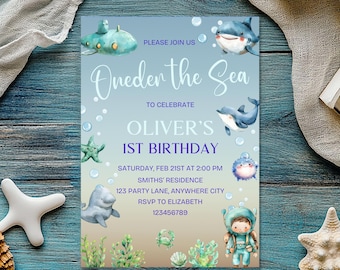 Oneder Invitation 1er anniversaire de la mer, garçon, modifiable sous la mer, invitation 1er anniversaire, Invitation 1er anniversaire animaux de l'océan, thème nautique