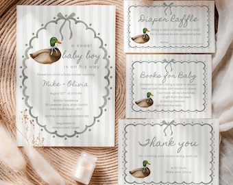 Mallard Duck Baby Shower Invitation Bundle, Hunting Duck Theme Boy Shower Invite Set (Digital Download)