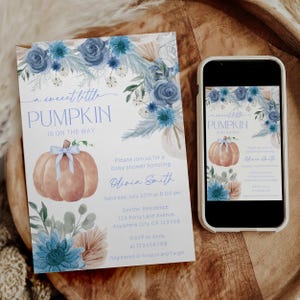 Little Pumpkin Boy Baby Shower Invitation, Sweet Little Pumpkin Baby Shower Template, Fall Blue Floral Bow Pumpkin Boy Baby Shower Invite