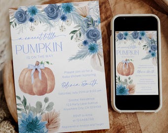 Invitación para baby shower de niño calabaza, plantilla para baby shower de niño calabaza, invitación para baby shower de niño calabaza con lazo floral azul otoñal