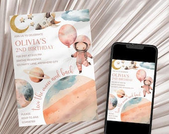 Two The Moon Birthday Invitation Girl, Outer Space Birthday Party Girl, Astronaut Space Galaxy Planets Rocket 2nd Birthday Invitation Girl