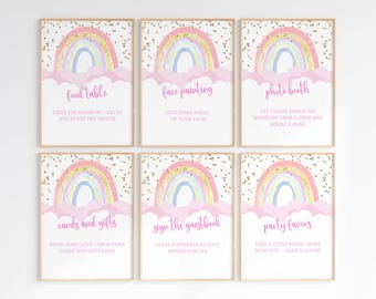 Set di cartelli per feste arcobaleno pastello, cartelli da tavolo arcobaleno modificabili, set di decorazioni da tavolo per feste arcobaleno glitter pastello, decorazioni per feste arcobaleno