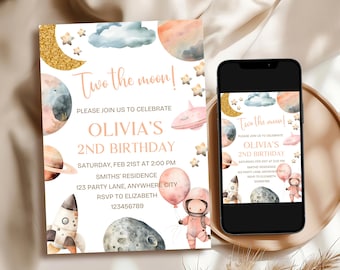 Outer Space Birthday Invitation Girl, Two The Moon Birthday Invitation Girl, Astronaut Space Galaxy Planets Rocket 2nd Birthday Invitation