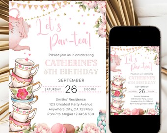 Könnte beinhalten: Eine rosafarbene und goldene Einladung zu einer Teeparty mit einem Stapel Teetassen, einer Teekanne und floralen Akzenten. Die Einladung lautet "Let's Par-teal!" und enthält den Text "Catherine's 6th Birthday" sowie Details zur Party.