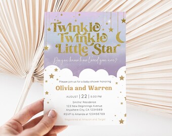 May include: Baby shower invitation with a celestial theme. The invitation features the text "Twinkle Twinkle Little Star" in gold lettering against a purple and gold background. The invitation includes the names Olivia and Warren, date, time, and location.