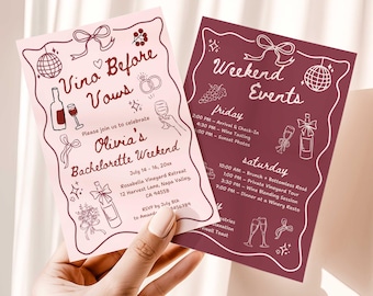 Vino Before Vows Bachelorette Invitation & Itinerary, Wine Themed Bridal Shower Invite, Hand Drawn Whimsical Bachelorette Weekend Template