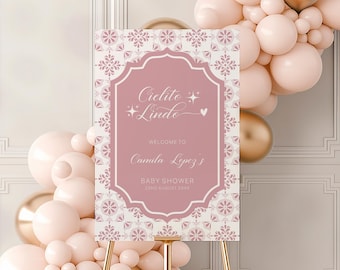 Cielito Lindo Baby Shower Welcome Sign, Editable Pink Mexican Baby Shower Poster, Papel Picado Talavera Theme Party Sign Template