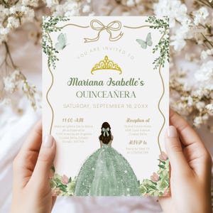 Sage Green Quinceañera Invitation, Floral Mis Quince Años Invite, Gold Tiara Bow Princess Design, Digital and Editable Invitation
