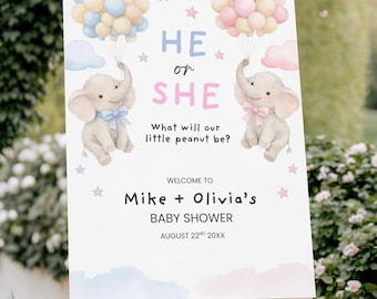 Póster de revelación de género de "A Little Peanut", plantilla de bienvenida con elefante azul y rosa (descarga digital)