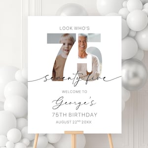 Editable 75th Birthday Welcome Sign with Photo, Minimalist 75th Birthday Poster, Gender Neutral Party Welcome Sign With Photo, Look Who&#39;s 75