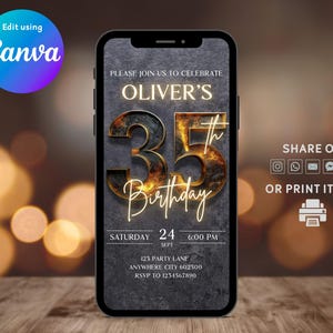 Digital 35th Birthday Invitation Men, Animated 35th E-vite, Digital Rustic 35th Birthday Invite, Self-Editable Instant Download Invitation