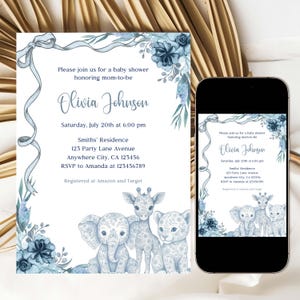 Editable Toile de Jouy Baby Shower Invitation, Bow Floral Toile de Jouy Safari Baby Animals Invite, Blue Elephant Lion Giraffe Baby Shower