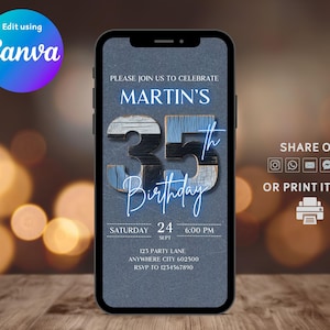 35th Digital Birthday Invitation Men, Animated 35th E-vite, Rustic Blue Black 35th Birthday Invite, Self-Editable Instant Download Invite