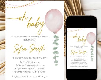 Oh Baby Minimalist Baby Shower Invitation, Editable Pink Balloon Eucalyptus Baby Shower Invite, Baby Girl Baby Shower Invitation Template