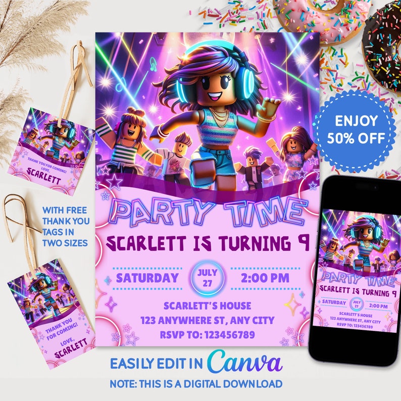 Roblox girl birthday invitation girl roblox bday invitation digital