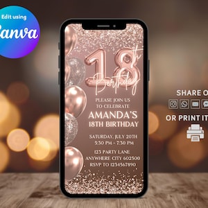 Digitale 18e verjaardagsuitnodiging, roségouden mokka-mousse glitter ballonnen 18e verjaardagsuitnodiging, geanimeerde 18e Evite, 18e verjaardagsfeestje