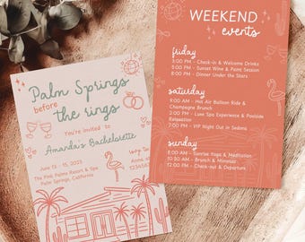 Palm Springs Bachelorette Invitation Itinerary Template, Coastal Bachelorette Weekend Itinerary, Modern Hand Drawn Bachelorette Invitation