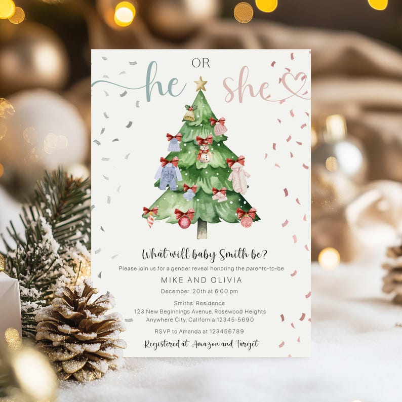 Christmas Tree Gender Reveal Invitation, Winter Holiday Baby Shower ...