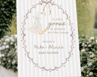 Set di cartelli di benvenuto per baby shower Silly Goose - Modello beige neutro, modificabile da Canva (download digitale)