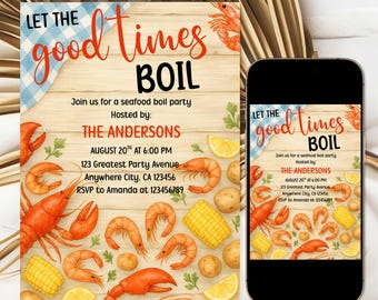 Editable Seafood Boil Party Invitation Template, Let the Good Times Boil Invitation, Shrimp Crawfish Boil Party Invite, Seafood Party Invite