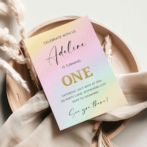 Rainbow Birthday Invitation, Rainbow 1st Birthday Invitation, Glitter Ombre Gold Pastel Invitation, Rainbow Glitter Birthday Invitation