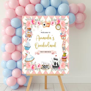 Alice im Wunderland Geburtstag Willkommensschild, wunderliche Alice im Wunderland Party Schild Vorlage, Wunderland Party Dekoration, Sofort Download