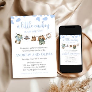 A Little Cowboy On The Way Baby Shower Invite, Editable Little Cowboy Baby Shower Invitation Template, Rodeo Wild West Baby Shower Invite